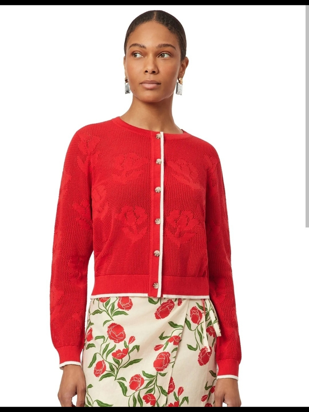 Scotch & Soda Red Floral Pointsetta Crewneck Cardigan with Contrast Trim XS
